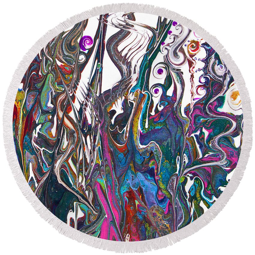 Pattered Colorful Dramatic Fantastic Round Beach Towel featuring the painting Garden of Weeden Detail by Priscilla Batzell Expressionist Art Studio Gallery