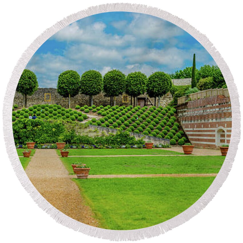 Gardens Round Beach Towel featuring the photograph Panorama of Gardens of Chateau Amboise by Marcy Wielfaert