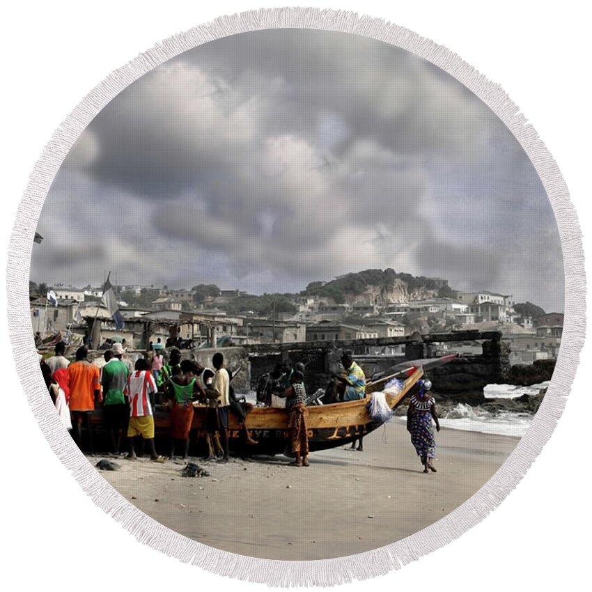 Cape Round Beach Towel featuring the photograph Gathering Around the Boat Cape Coast Ghana by Wayne King