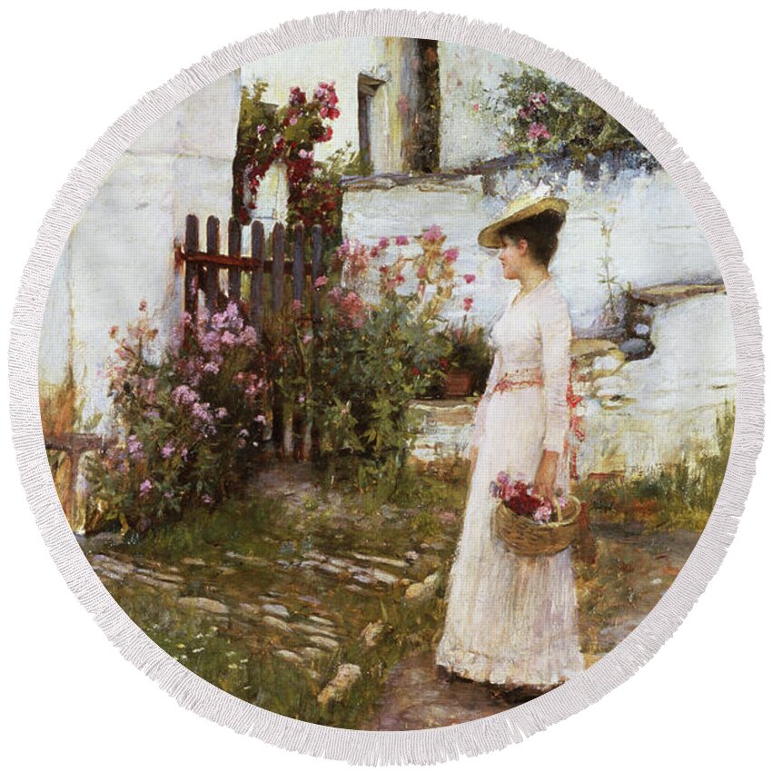 19th Century Round Beach Towel featuring the painting Gathering Summer Flowers In A Devonshire Garden, 1893 by John William Waterhouse