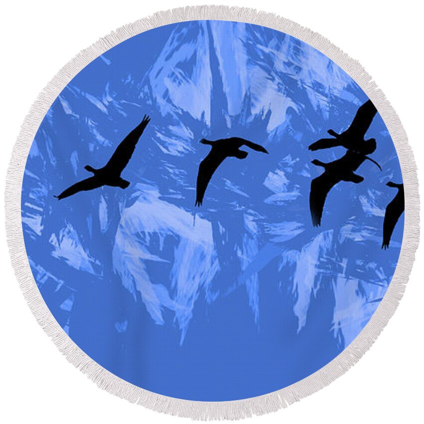 Canadian Geese Round Beach Towel featuring the photograph Geese Flying Over Mountains Abstract by Scott Cameron