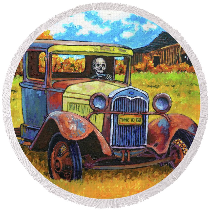Old Truck Round Beach Towel featuring the painting Getting Old Time to Go by John Lautermilch
