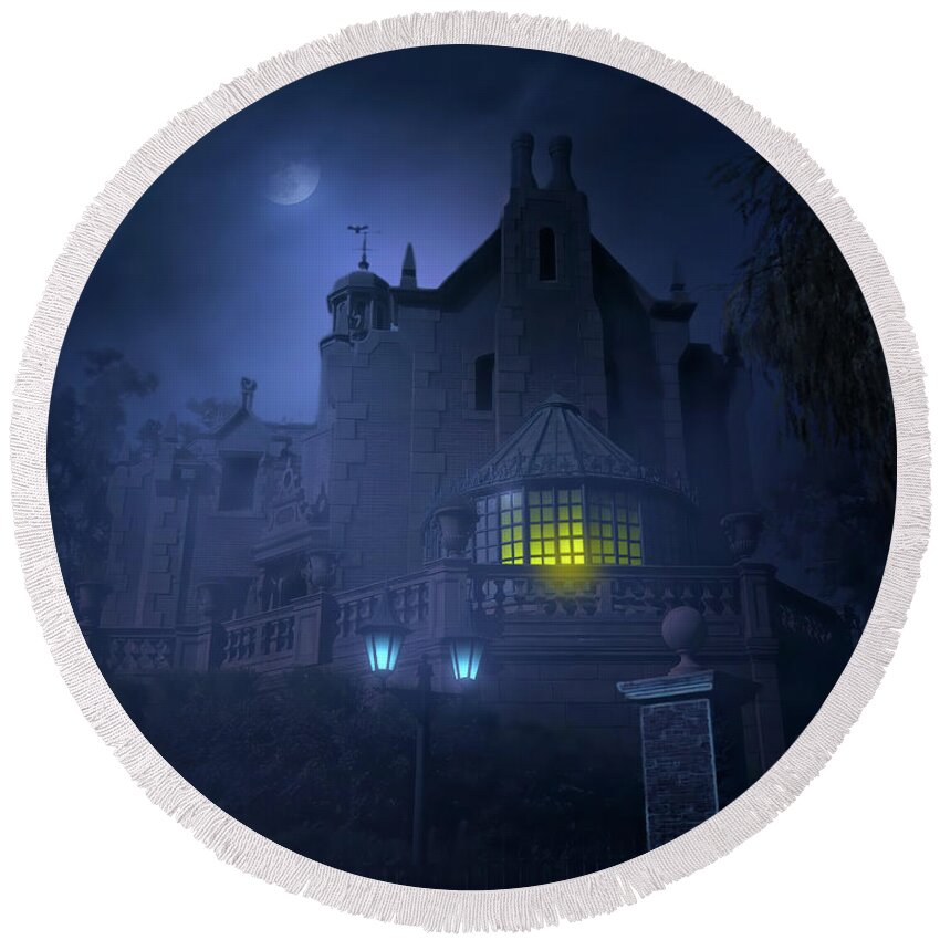 Magic Kingdom Round Beach Towel featuring the photograph Ghost House by Mark Andrew Thomas