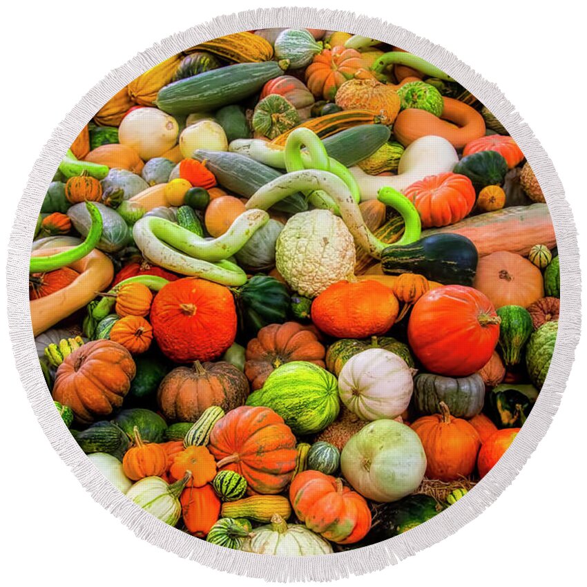 Mountain Round Beach Towel featuring the photograph Giant Pile Of Pumpkins Gourds by Garry Gay