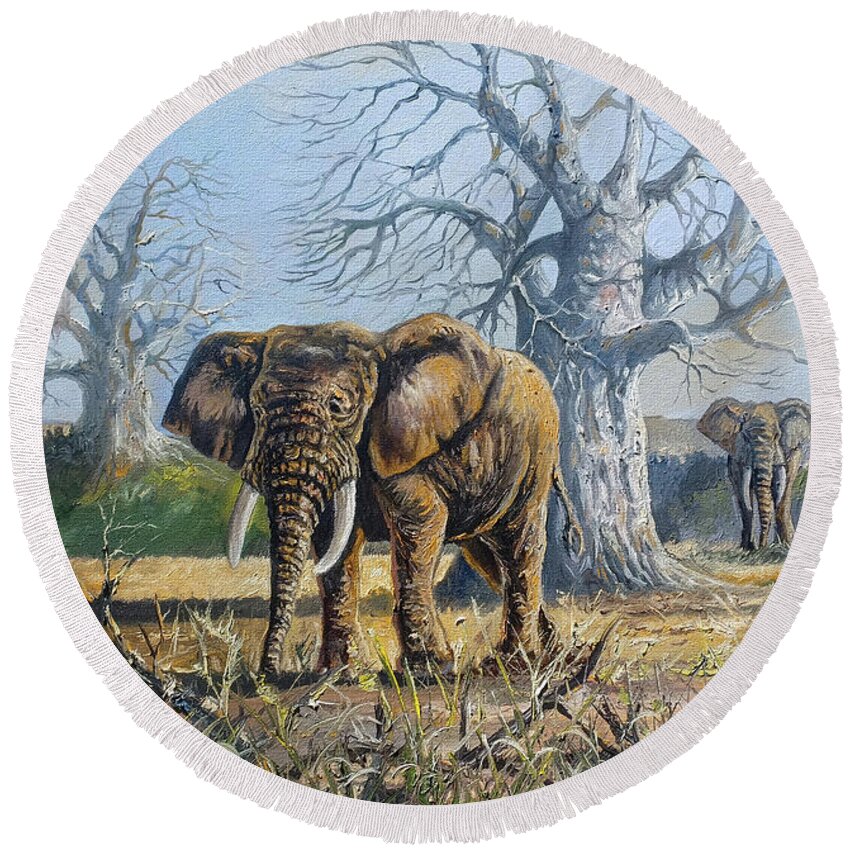 Print Round Beach Towel featuring the painting Giants of Africa by Anthony Mwangi