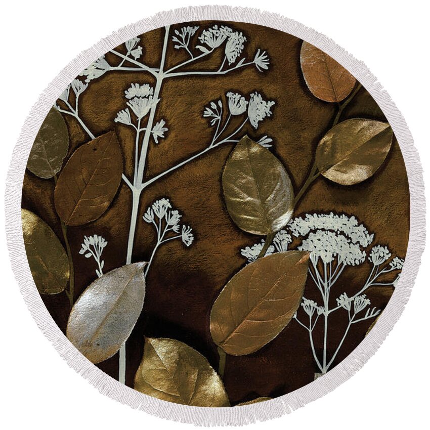 Gilded Round Beach Towel featuring the painting Gilded Leaf Collage II by Megan Meagher