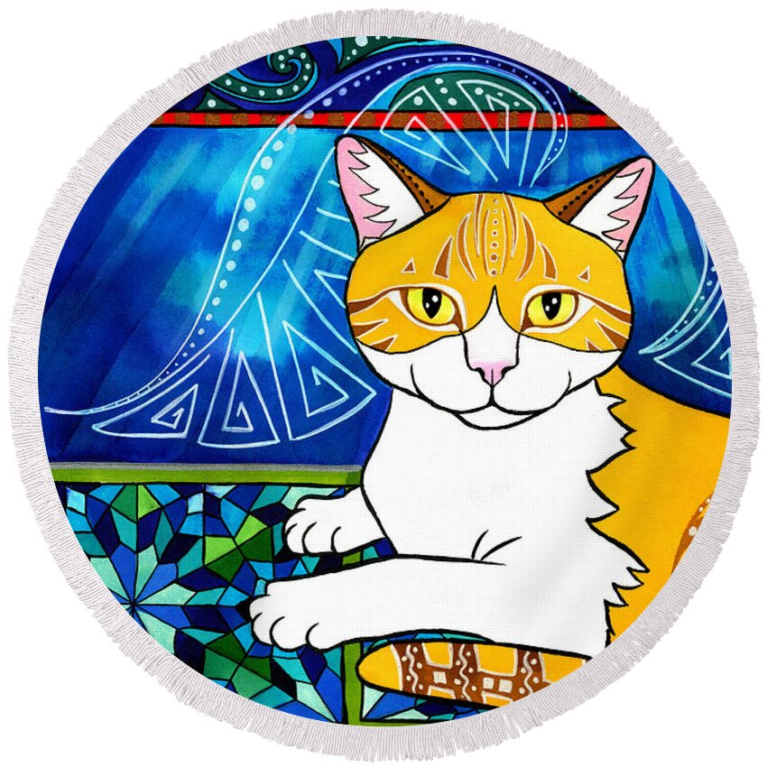 Cat Round Beach Towel featuring the painting Ginger Angel Cat Painting by Dora Hathazi Mendes