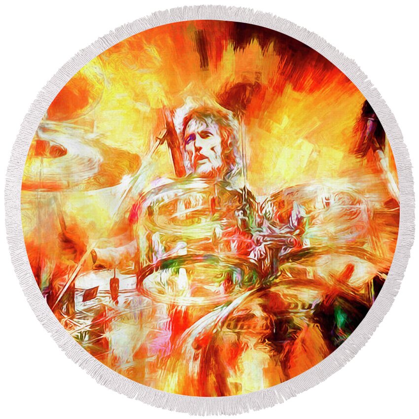 Ginger Baker Round Beach Towel featuring the mixed media Ginger Baker by Mal Bray