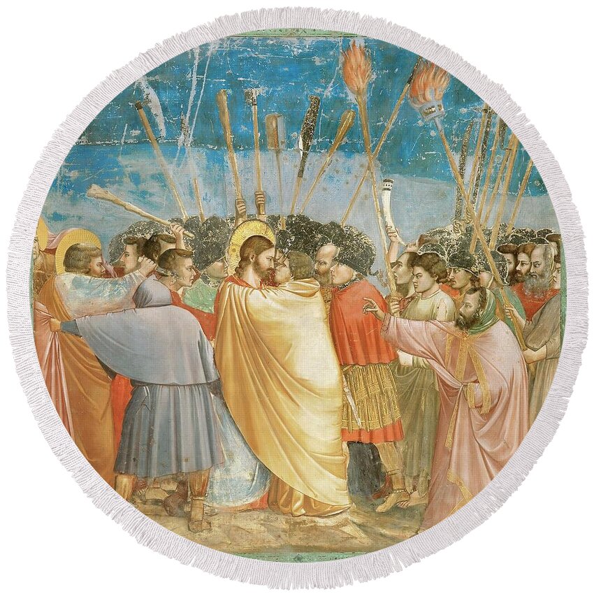 Giotto Round Beach Towel featuring the painting Giotto / 'Kiss of Judas', 1303-1305, Fresco, 185 x 200 cm. JESUS. by Giotto di Bondone -1266-1337-