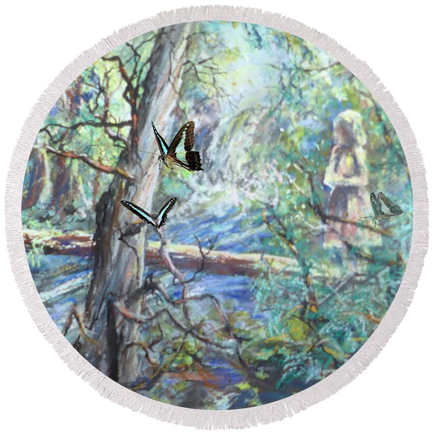 Girl Round Beach Towel featuring the painting Girl and Butterflies Far North Queensland Rainforest by Ryn Shell