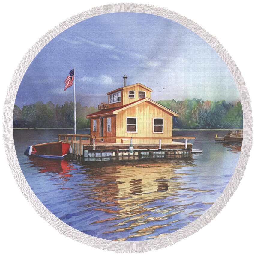 Glen Island Round Beach Towel featuring the painting Glen Island Creek Houseboats by Marguerite Chadwick-Juner