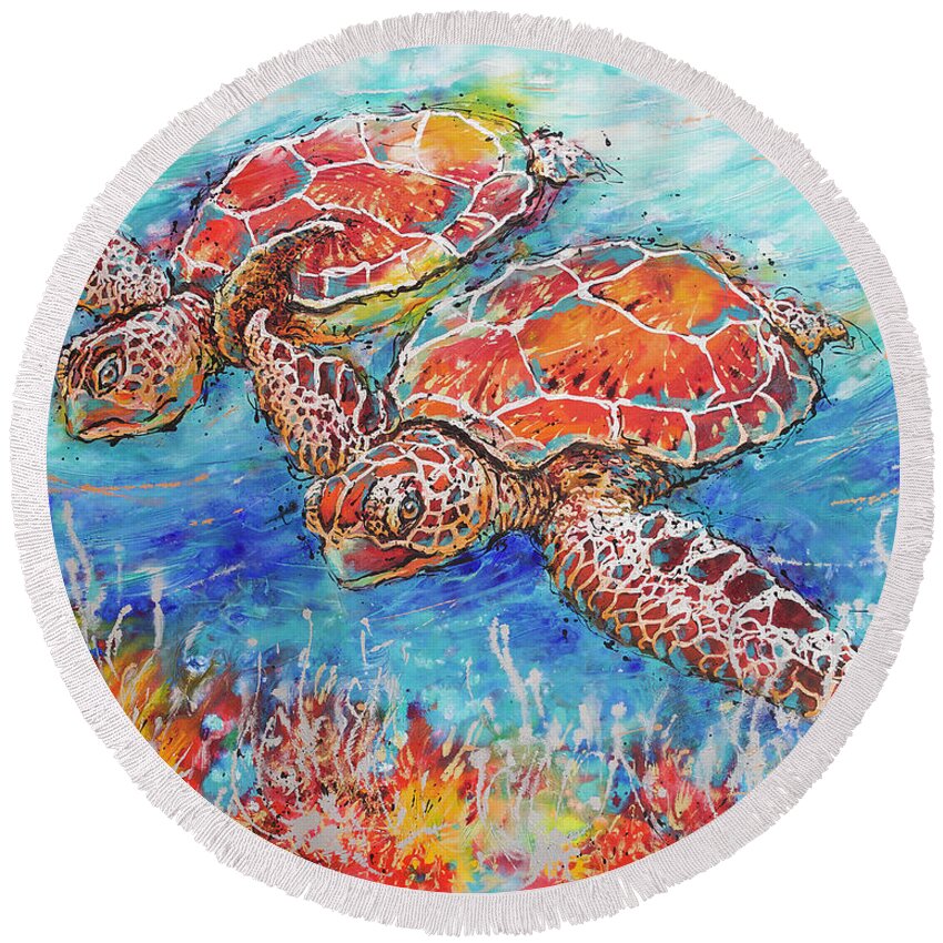 Marine Turtles Round Beach Towel featuring the painting Gliding Sea Turtles by Jyotika Shroff