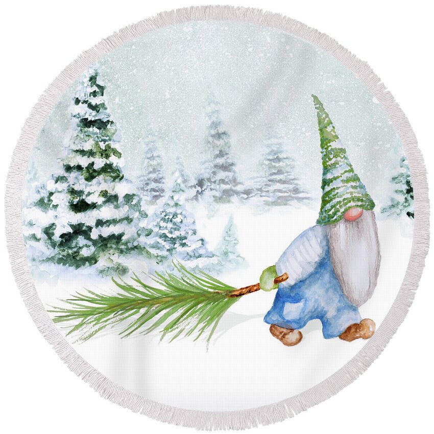 Gnome Round Beach Towel featuring the mixed media Gnomes On Winter Holiday I by Janice Gaynor
