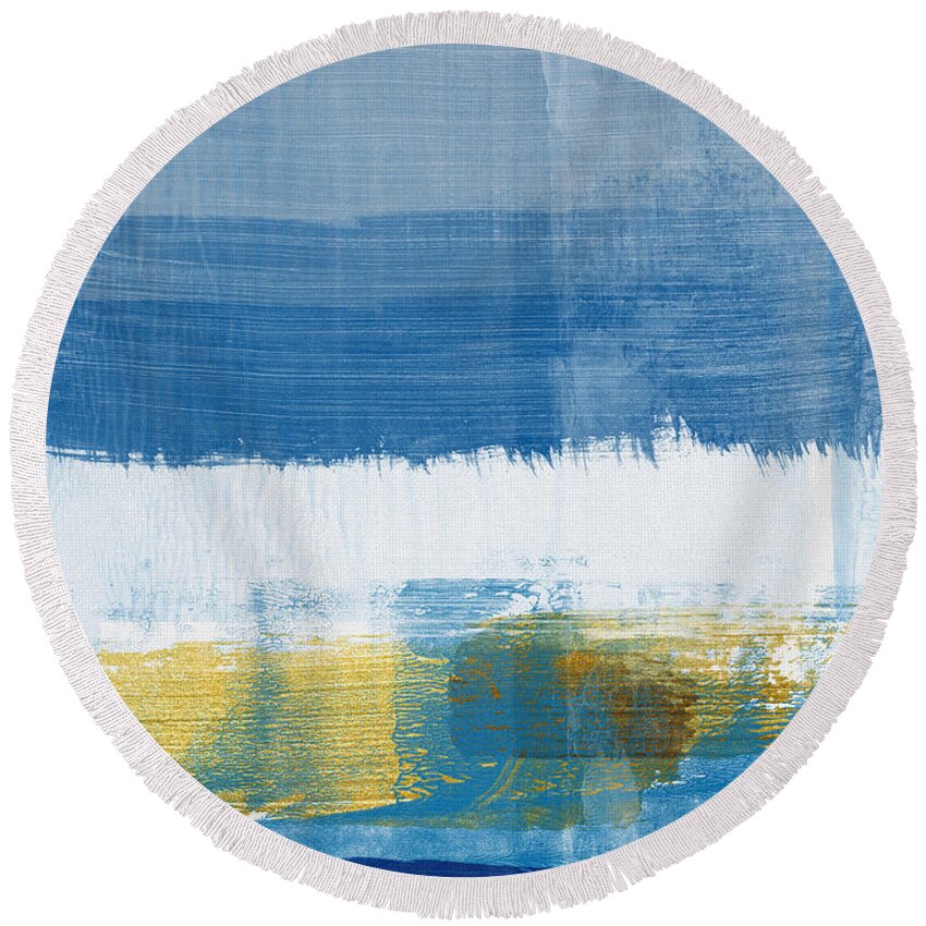 Abstract Round Beach Towel featuring the painting Gold and Blue Abstract Study I by Naxart Studio