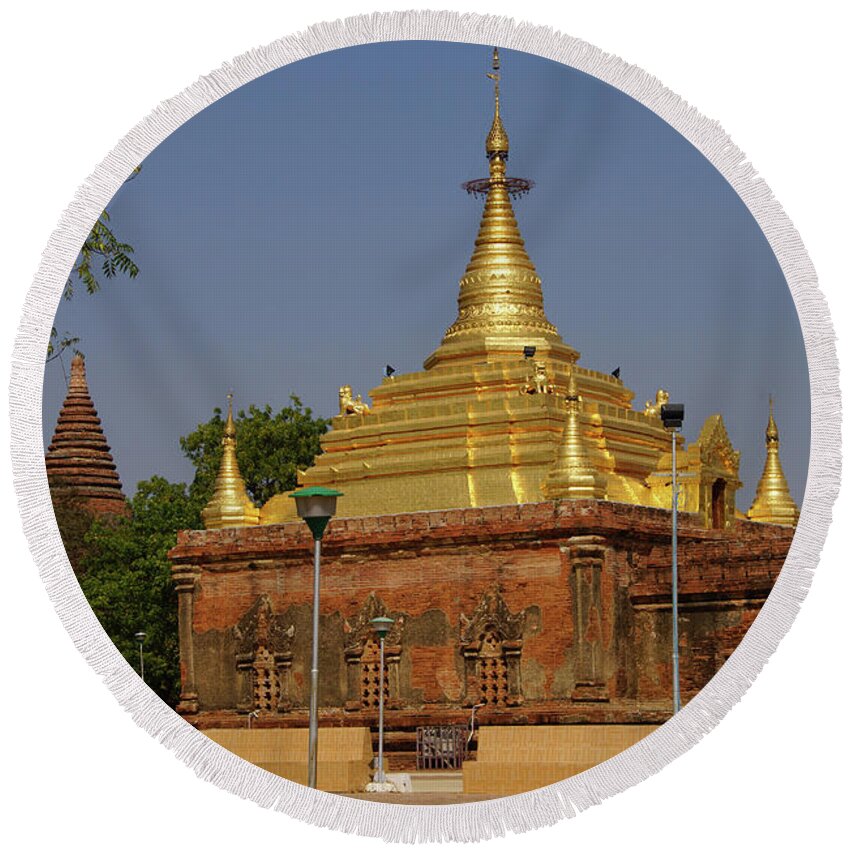 Bagan Round Beach Towel featuring the photograph Gold pagoda of Gubyauk nge by Steve Estvanik