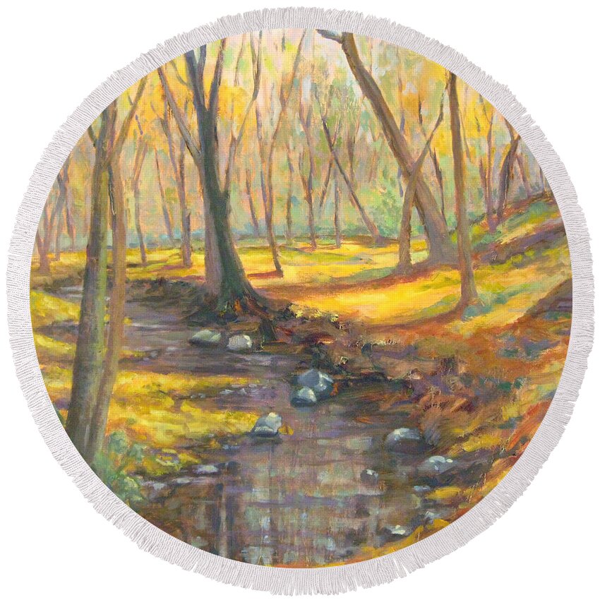 Landscape Round Beach Towel featuring the painting Golden Days Fall Landscape by Robie Benve