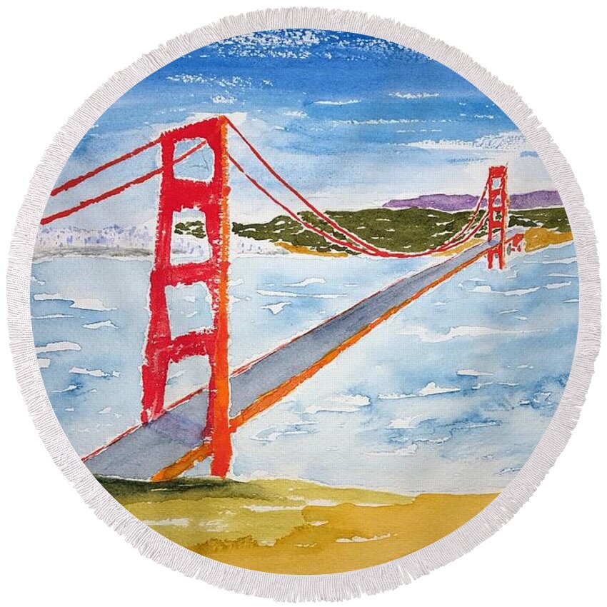 Watercolor Round Beach Towel featuring the painting Golden Gate Lore by John Klobucher