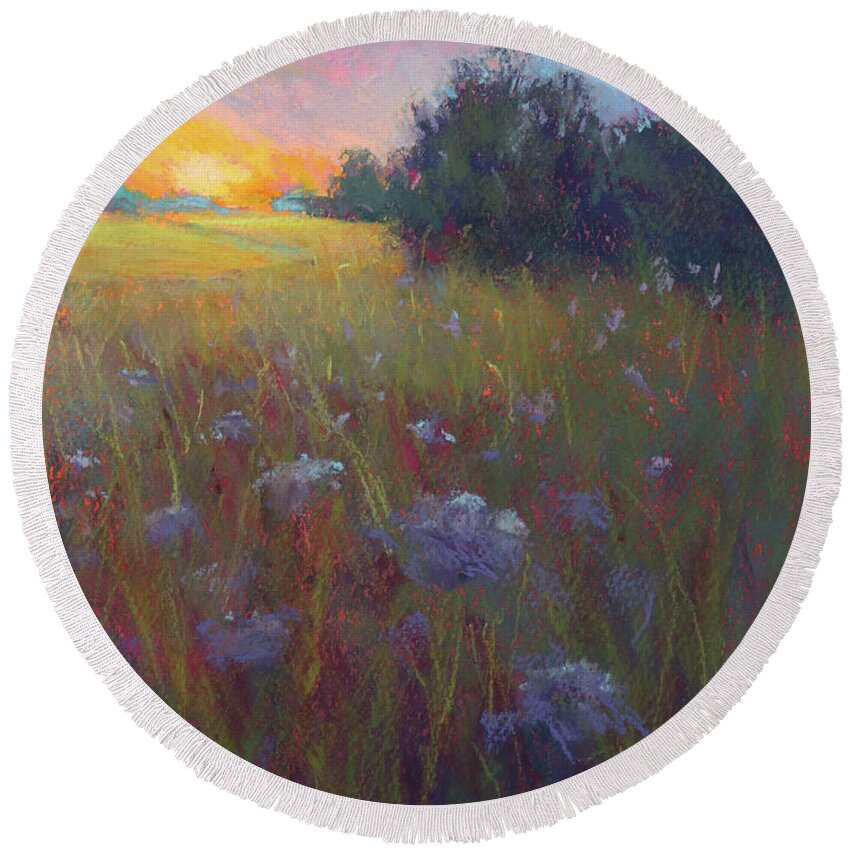 Meadow Round Beach Towel featuring the painting Golden Hour by Susan Jenkins