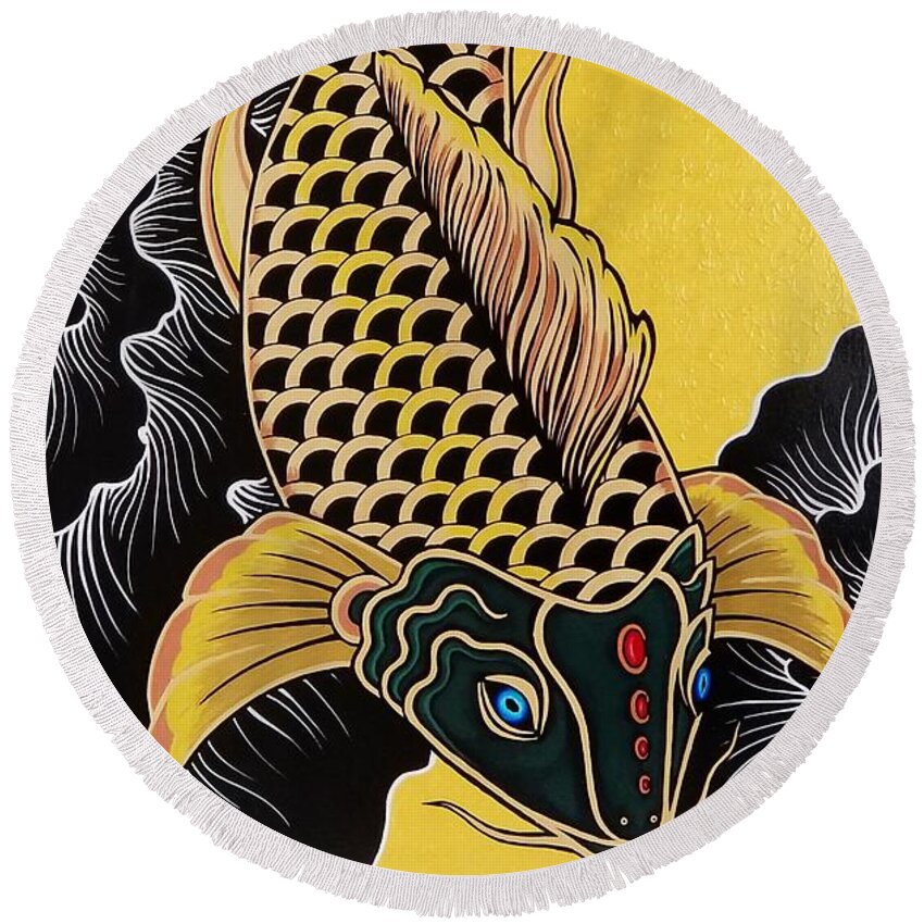 Koi Fish Round Beach Towel featuring the painting Golden Koi Fish by Bryon Stewart