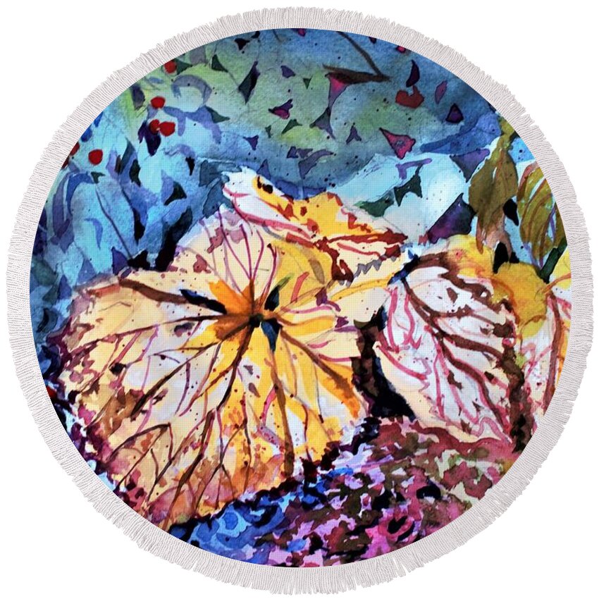 Leaf Round Beach Towel featuring the painting Golden Leaves by Mindy Newman