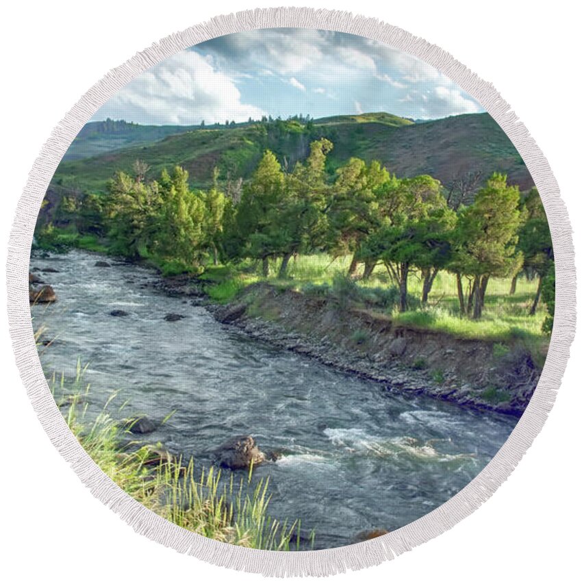 Yellowstone National Park Round Beach Towel featuring the photograph Golden Light Along the Yellowstone River by Marcy Wielfaert