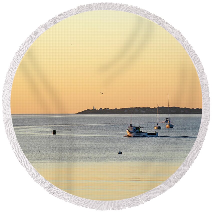 Beverly Round Beach Towel featuring the photograph Golden light over Beverly MA and Bakers Island Sunrise by Toby McGuire
