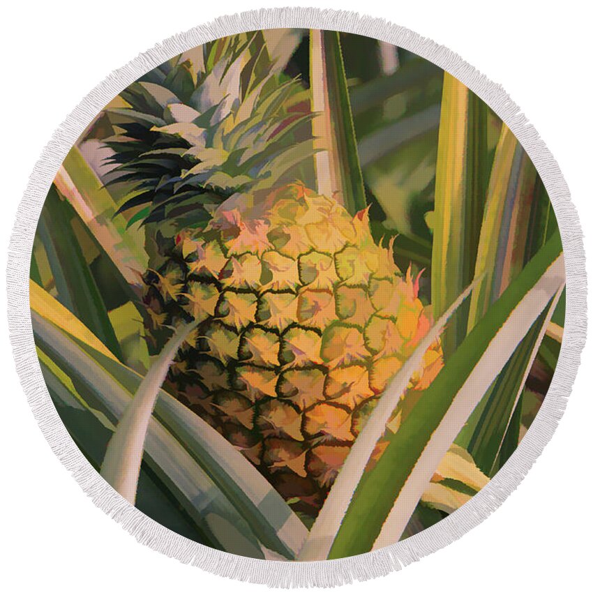 Pineapple Round Beach Towel featuring the mixed media Golden Pineapple by Rosalie Scanlon
