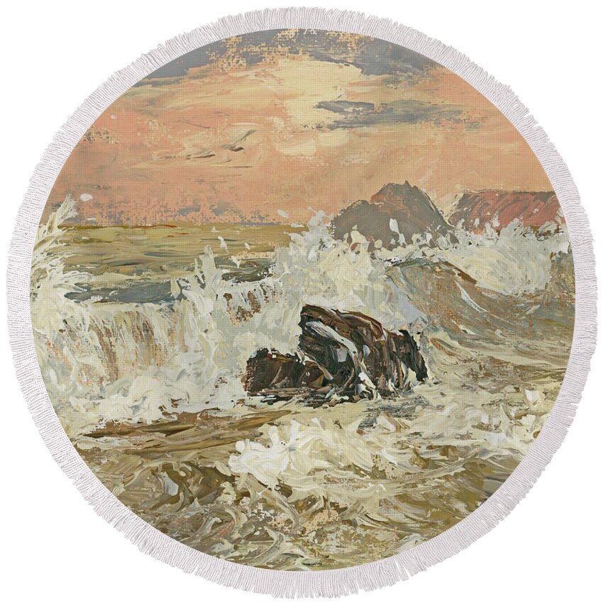 Seascape Round Beach Towel featuring the painting Golden Sunset by Darice Machel McGuire