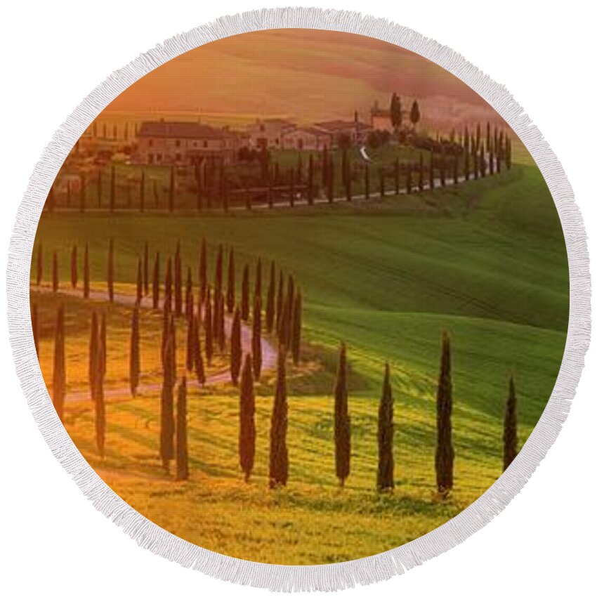 Tuscany; Villa; Green; Hills; Italy; Belvedere; Val D'orcia; Cypress; Trees; Beautiful; Countryside; Sunset; Rolling; Italia; Toscana; Rob Davies; Robert Davies; Landscape; Gold; Sun; Flare; Lens Flare; Panorama; Gladiator; Location; S Shape; Road; Classic Round Beach Towel featuring the photograph Golden Tuscany II by Rob Davies