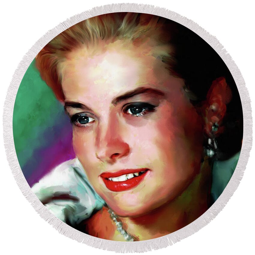 Grace Kelly Round Beach Towel featuring the painting Grace Kelly painting by Movie World Posters