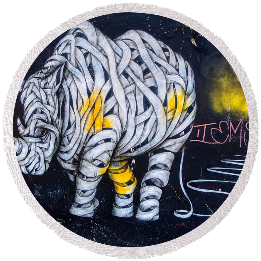 Graffiti Round Beach Towel featuring the photograph Graffiti art painting of Rhino by Raymond Hill