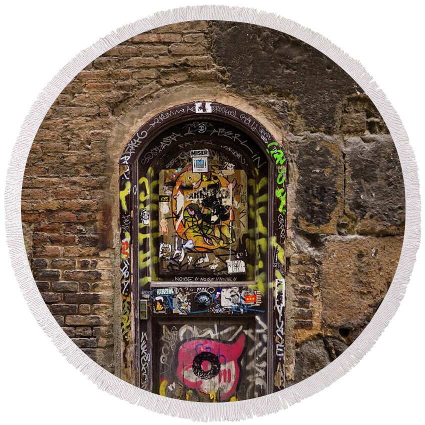 Photography Round Beach Towel featuring the photograph Graffiti Door Barcelona by Mary Capriole