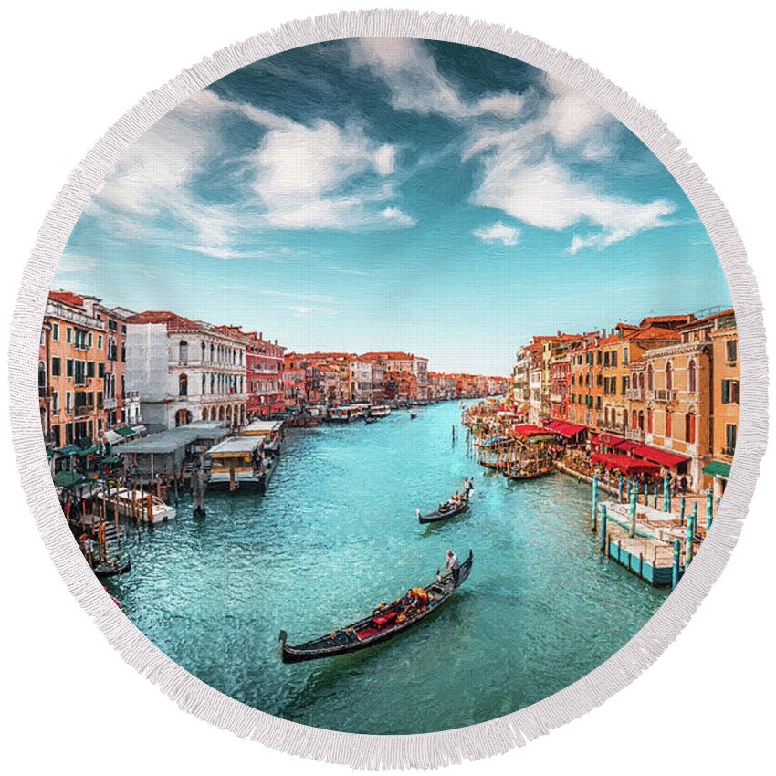 Landscape Round Beach Towel featuring the painting Grand Canal Venice with Gondolas by Dean Wittle