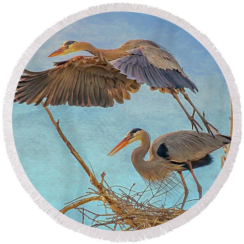 Great Blue Heron Round Beach Towel featuring the photograph Great Blue Heron Leaving Nest by Lowell Monke