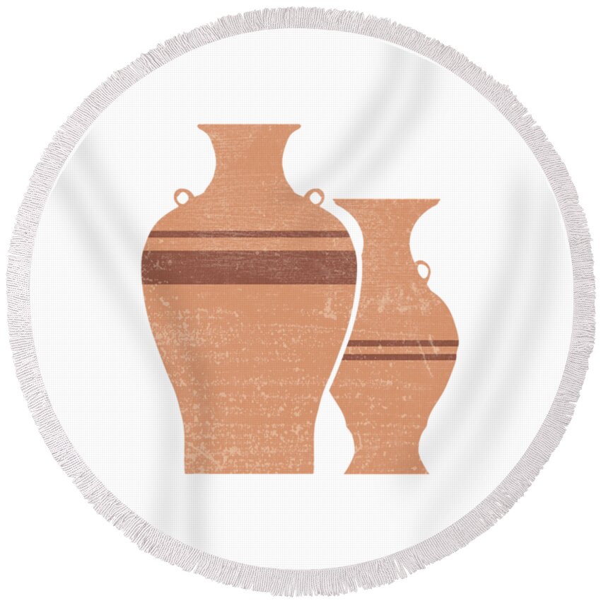 Abstract Round Beach Towel featuring the mixed media Greek Pottery 22 - Hydria - Terracotta Series - Modern, Contemporary, Minimal Abstract - Light Brown by Studio Grafiikka