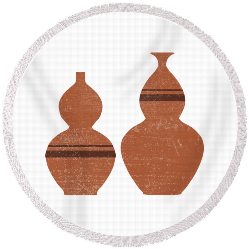 Abstract Round Beach Towel featuring the mixed media Greek Pottery 33 - Double Bubble Vase - Terracotta Series - Modern, Contemporary, Minimal Abstract by Studio Grafiikka