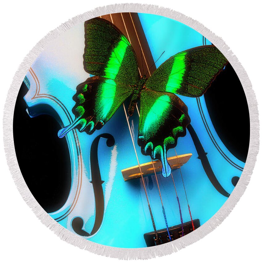 Violin Round Beach Towel featuring the photograph Green Butterfly On Blue Violin by Garry Gay