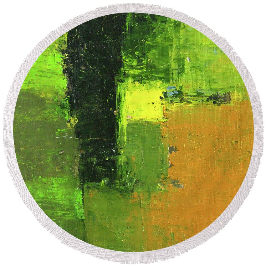 Green Abstract Painting Round Beach Towel featuring the painting Green Envy Abstract Painting by Nancy Merkle