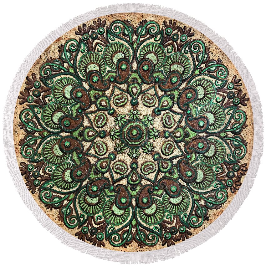 Mandala Round Beach Towel featuring the painting Green Mandala by Amy E Fraser