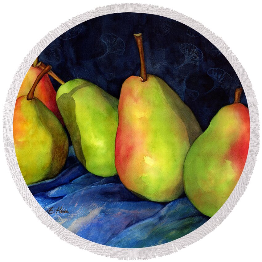 Pear Round Beach Towel featuring the painting Green Pears by Hailey E Herrera