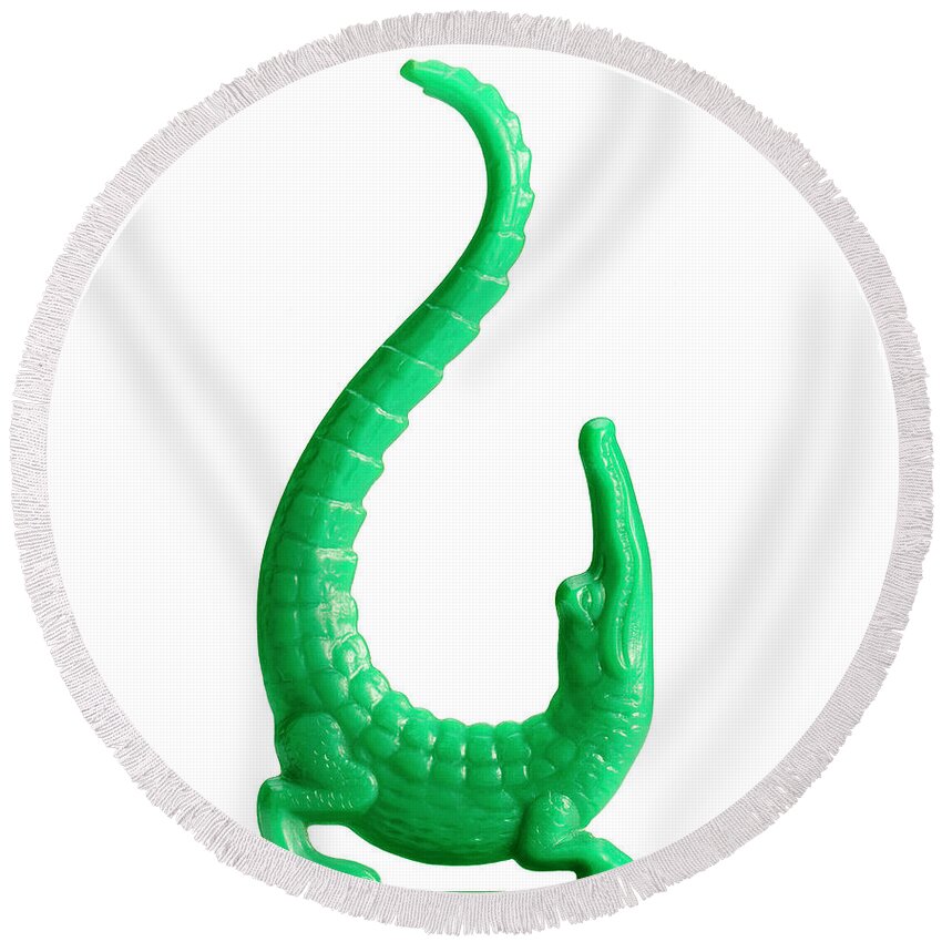 Alligator Round Beach Towel featuring the drawing Green Plastic Alligator Figurine by CSA Images