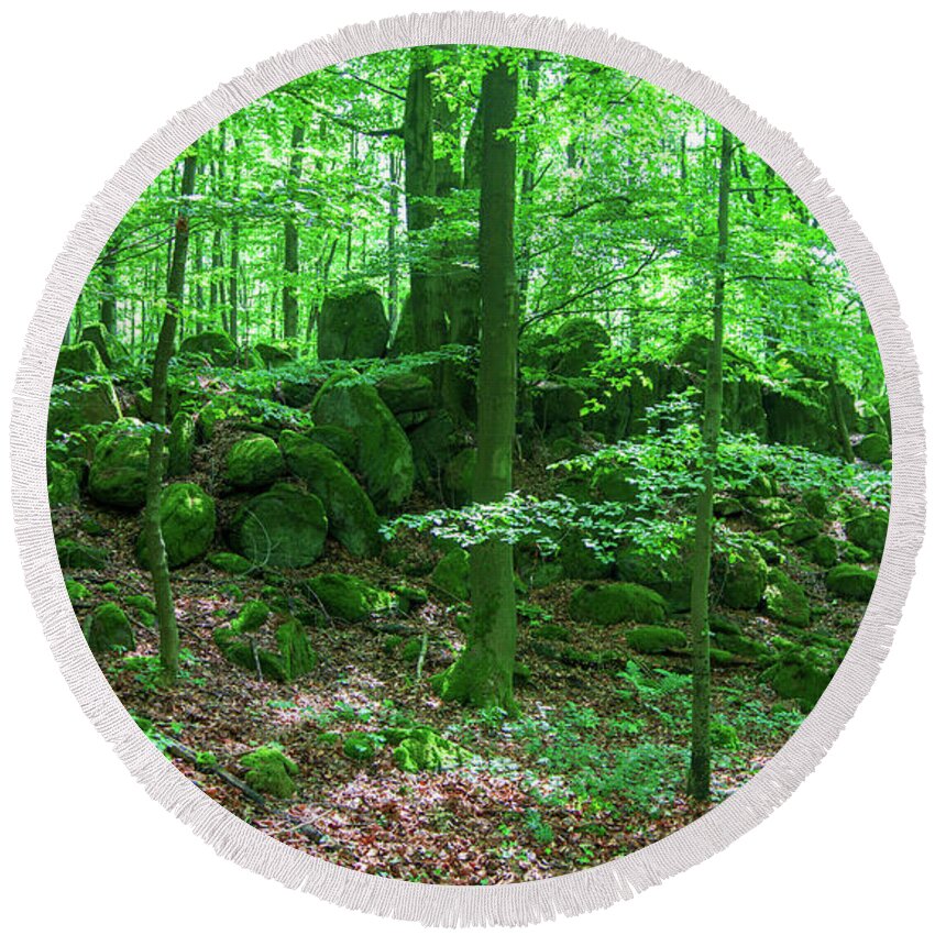 Forest Round Beach Towel featuring the photograph Green stony forest in Vogelsberg by Sun Travels
