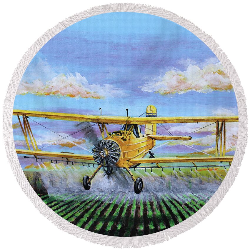 Ag Cat Round Beach Towel featuring the painting Grumman Ag Cat by Karl Wagner