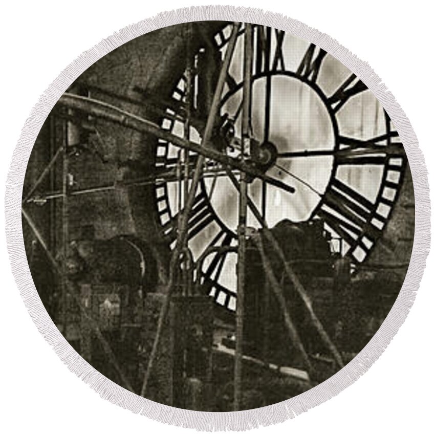 Antique Round Beach Towel featuring the photograph Grunge clock tower works by Karen Foley