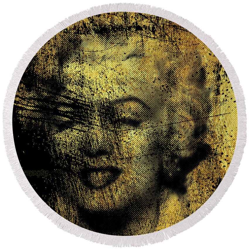Abstract Round Beach Towel featuring the painting Grunge Marilyn Monroe in Gold 48x48 huge POP ART by Robert R Splashy Art Abstract Paintings