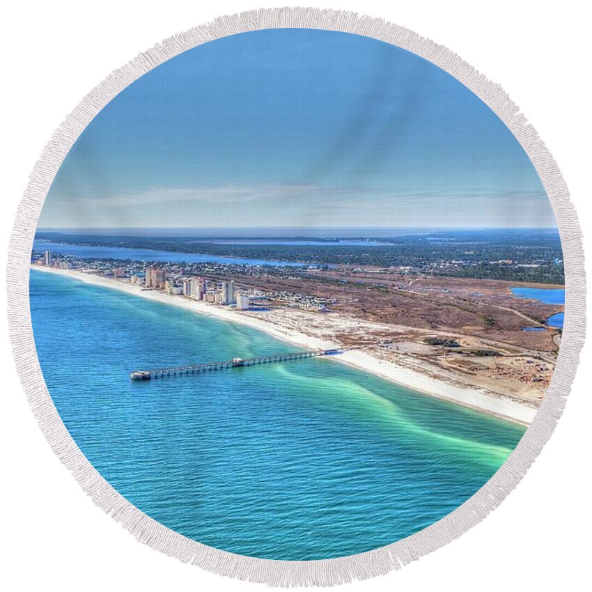  Round Beach Towel featuring the photograph GSP Pier and Beach by Gulf Coast Aerials -