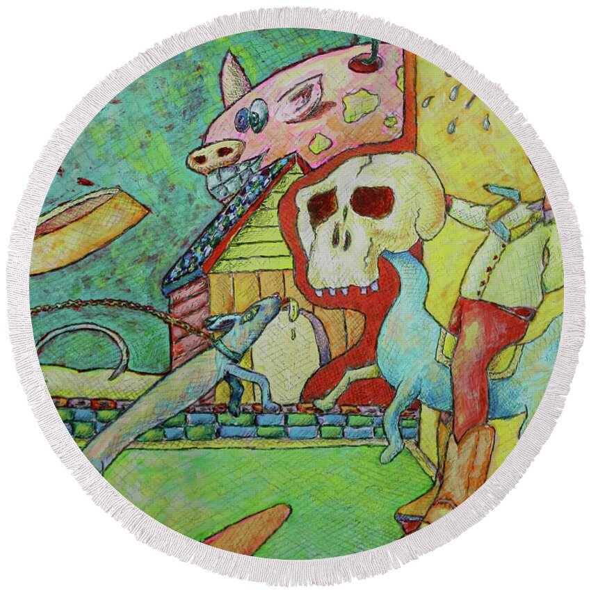 Dog Guard Round Beach Towel featuring the painting Guard Dog by Ronald Walker
