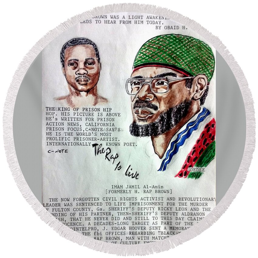 Black Art Round Beach Towel featuring the drawing H. Rap Brown featuring C-Note by Joedee