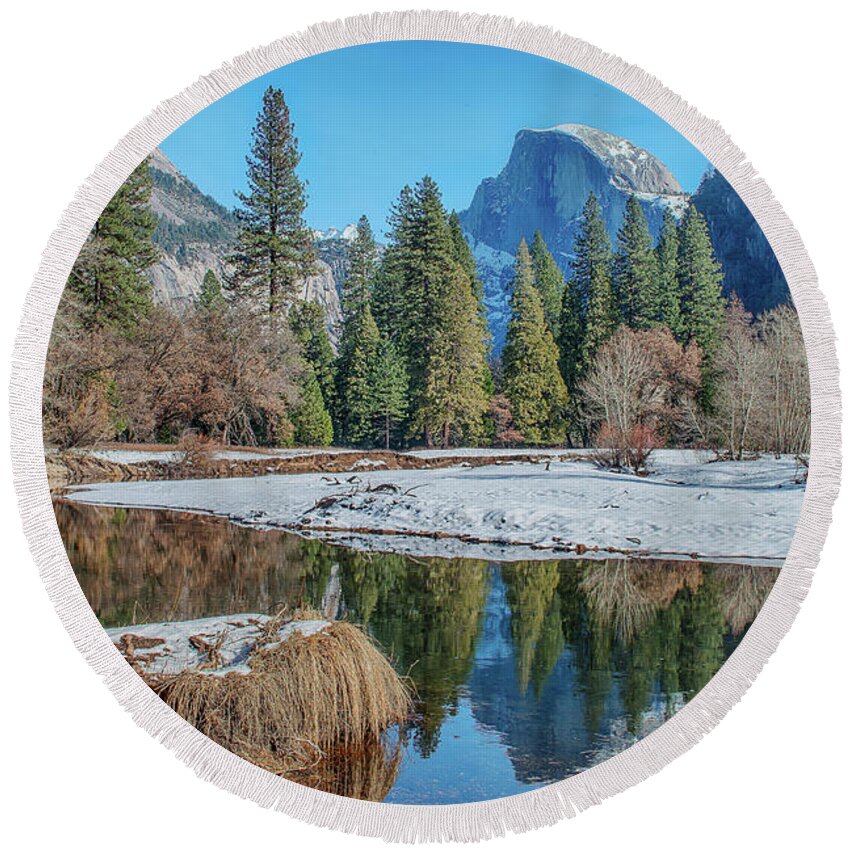 California Landscape Round Beach Towel featuring the photograph Half Dome and Reflection by Bill Roberts