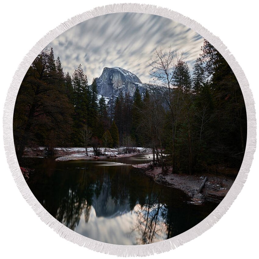 Jon Glaser Round Beach Towel featuring the photograph Half Dome Reflection by Jon Glaser
